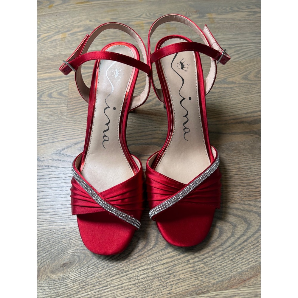 Nina Red Satin Rhinestone Ankle Strap Evening Sandals Heels 8.5M